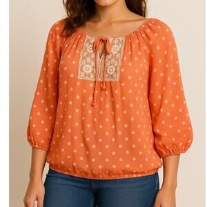 Orange Polka Dot Peasant Blouse Sheer Boho Top Size L No Boundaries